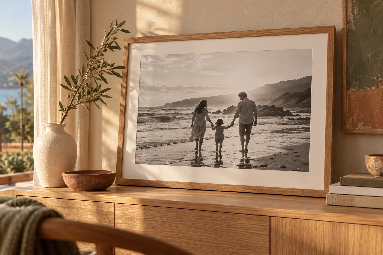 Cuadro de madera con una fotografía familiar en blanco y negro, sobre una cómoda de madera